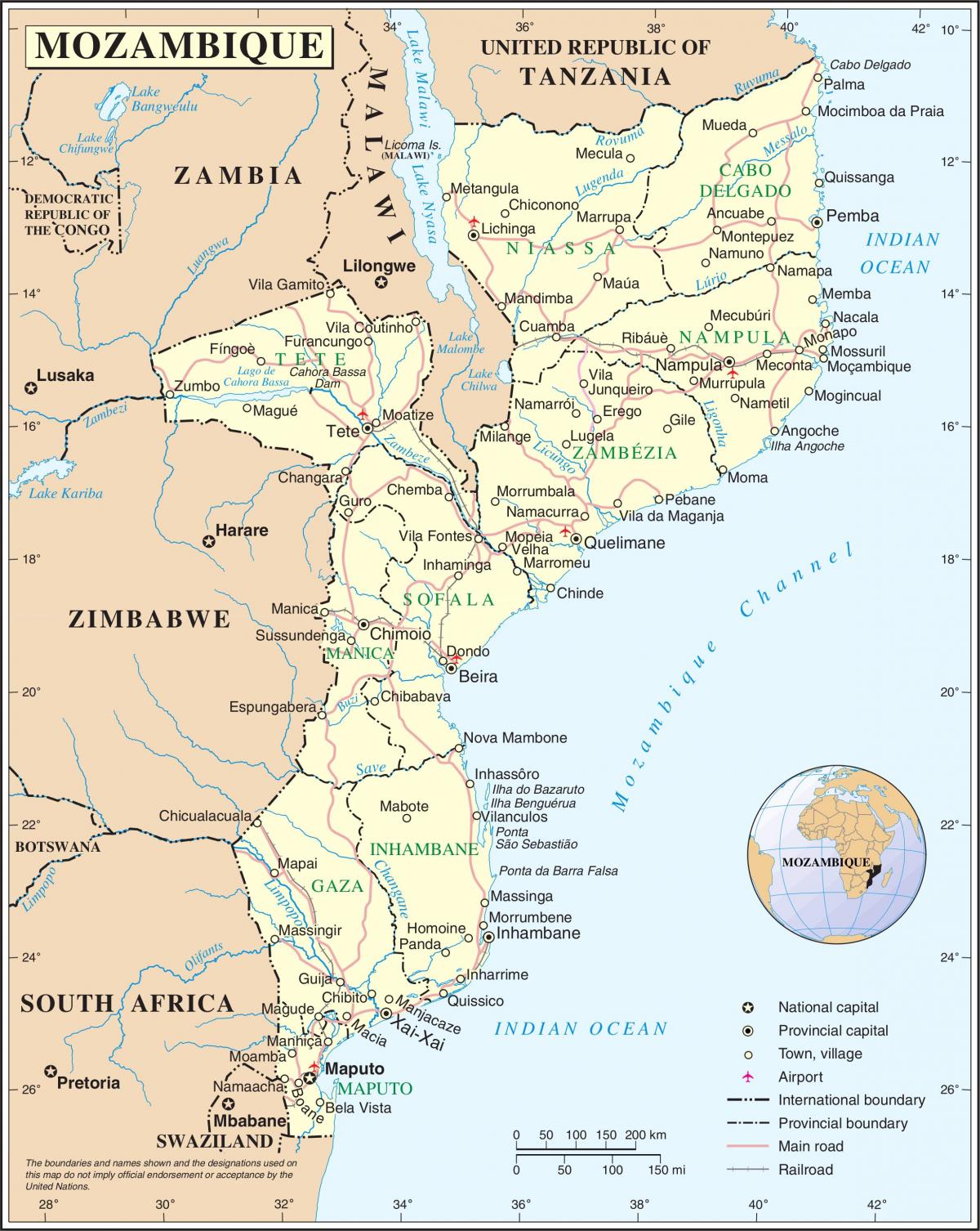 机场在莫桑比克在地图上